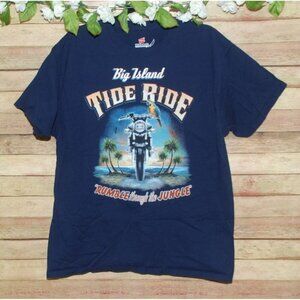 Hanes Beefy-T Men's Blue T-Shirt Size L Big Island Tide Ride Motorcycle Tee
